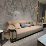 Cream Leather Sofa with Lace-Up Diamond-Stitched Sides and Dark Glossy Frame